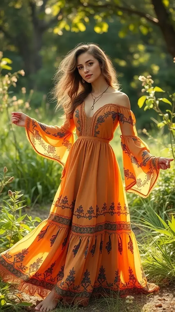 A woman in a flowing dress walking through a garden filled with flowers.