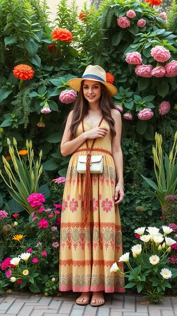 A woman in a floral maxi dress stands in front of a vibrant flower wall, embodying the Moto Boho Dressing style.