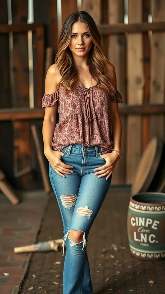 Variety of denim jeans displayed on a wooden rack, showcasing different styles and washes.