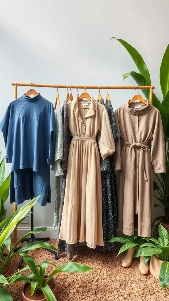 A display of colorful, bohemian-style dresses and garments hanging on a rack, surrounded by greenery.