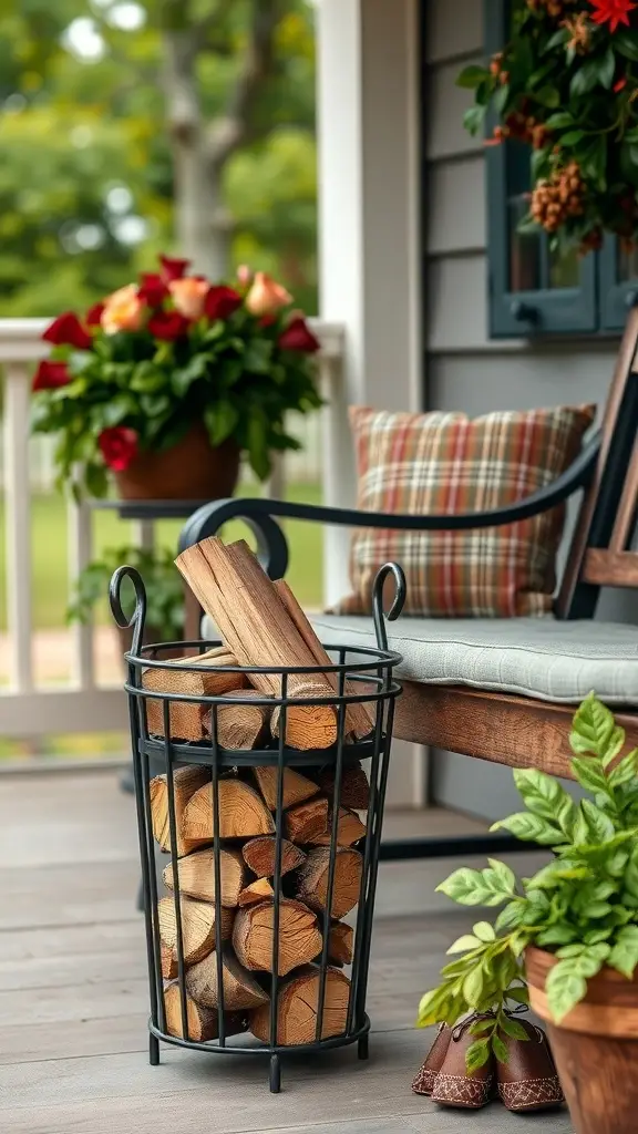 A stylish black metal firewood holder filled with logs, placed next to a 1920's porch swing on a cozy porch.