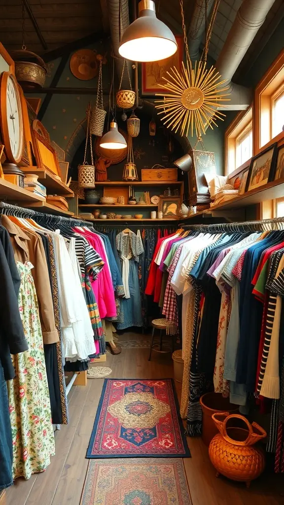 A vintage clothing store with colorful racks of clothes and a mannequin in a pink dress.