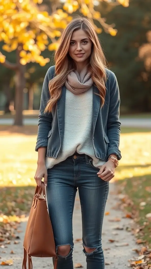 A woman in a stylish orange coat, green sweater, and jeans stands on a path surrounded by autumn foliage.