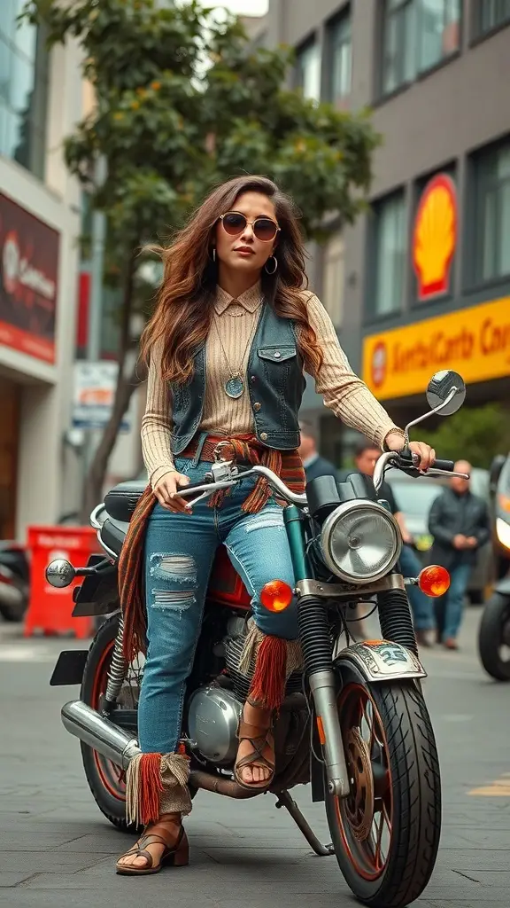 A stylish individual dressed in Moto Boho fashion, sitting on a motorcycle in an urban setting.