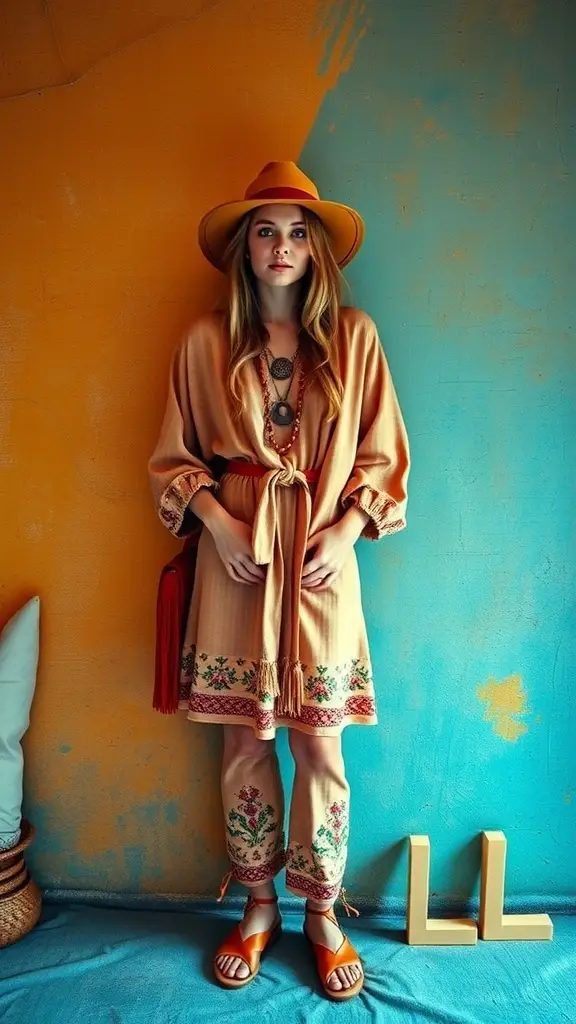 A model wearing a warm orange outfit with floral embroidery, standing against a blue wall, showcasing Moto Boho Dressing.