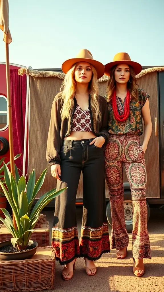 Two women in stylish boho outfits standing in front of a vintage trailer, showcasing Moto Boho Dressing.