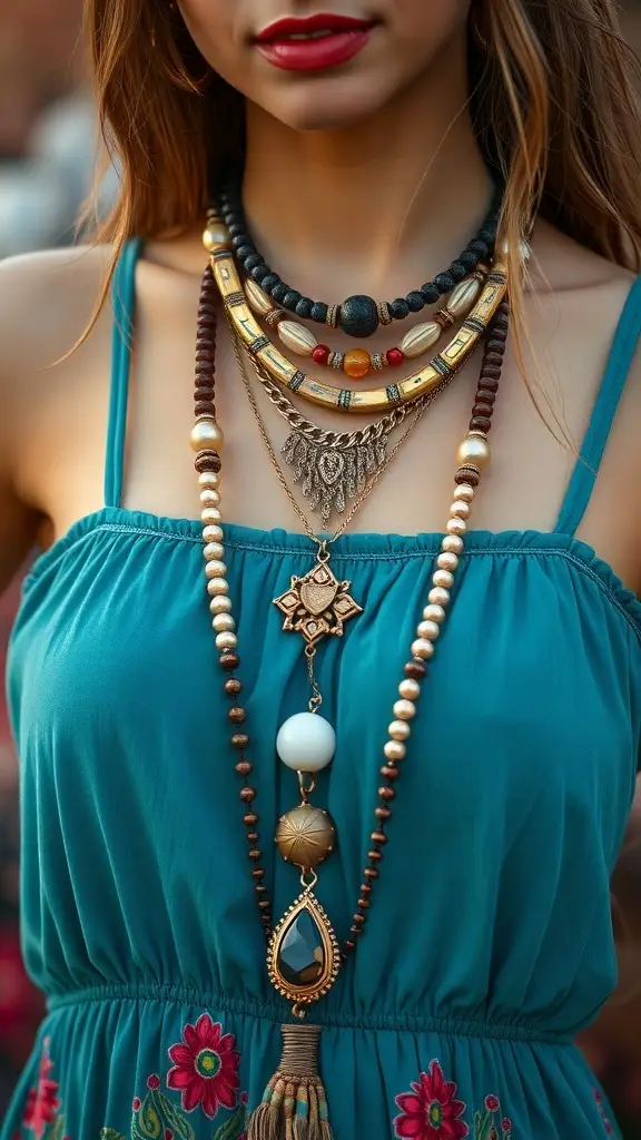 A collection of layered necklaces featuring gold chains, wooden beads, and a vintage watch.