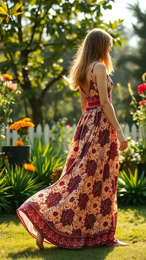 A woman in a floral maxi dress walking in a garden