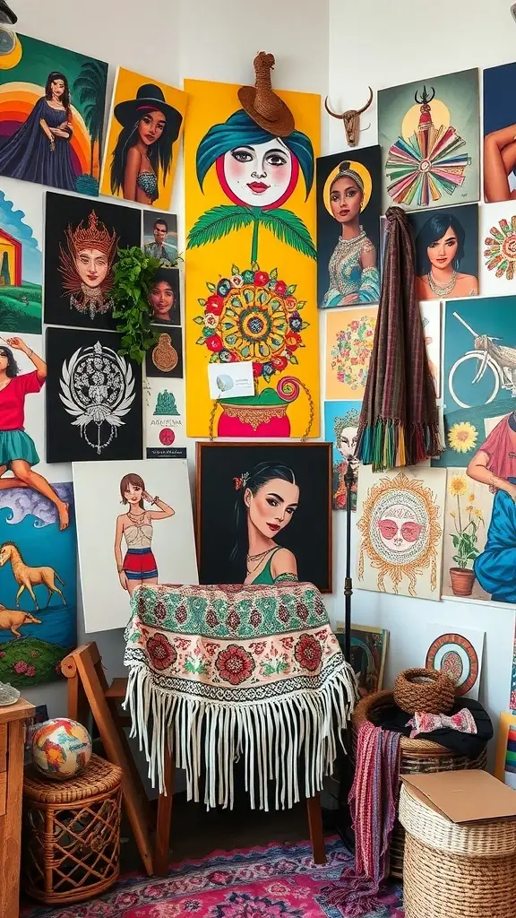 A colorful art studio filled with various paintings and artworks, creating a vibrant and inspiring atmosphere.