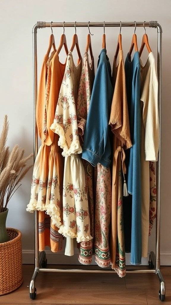 A collection of colorful bohemian-style dresses and tops hanging on a rack.