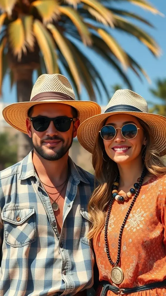 A group of people wearing various hats in a bohemian style setting