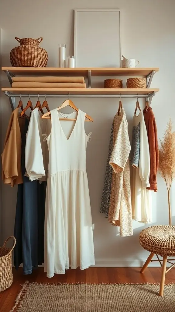 A neatly organized wardrobe featuring a light dress, cozy sweaters, and earthy tones, reflecting Moto Boho Dressing style.