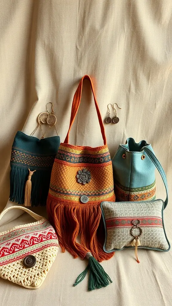 A collection of colorful handmade bags and accessories featuring intricate patterns and designs.
