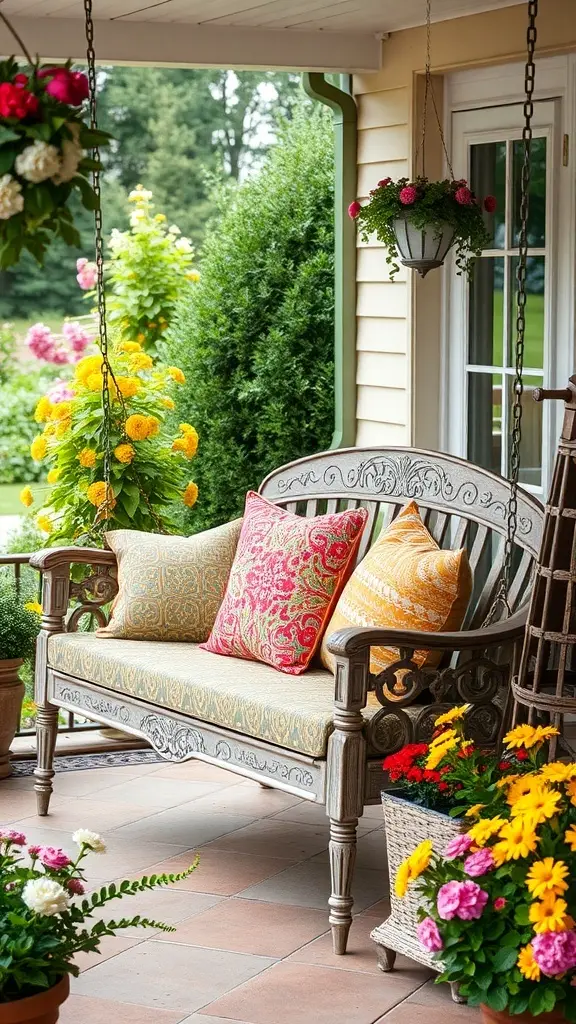A cozy porch swing with colorful pillows surrounded by flowers.