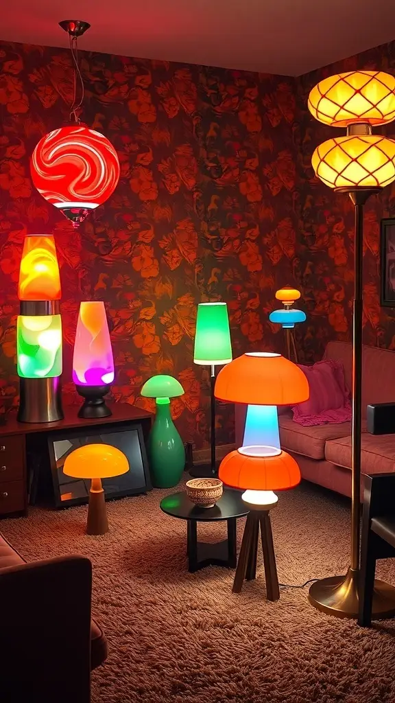 A collection of retro lighting fixtures including colorful lamps and a glass globe lamp.