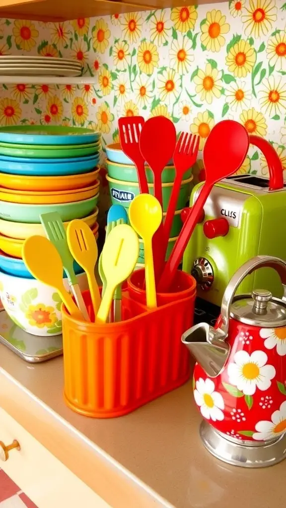 Colorful collection of retro kitchenware including plates, bowls, and utensils on shelves.