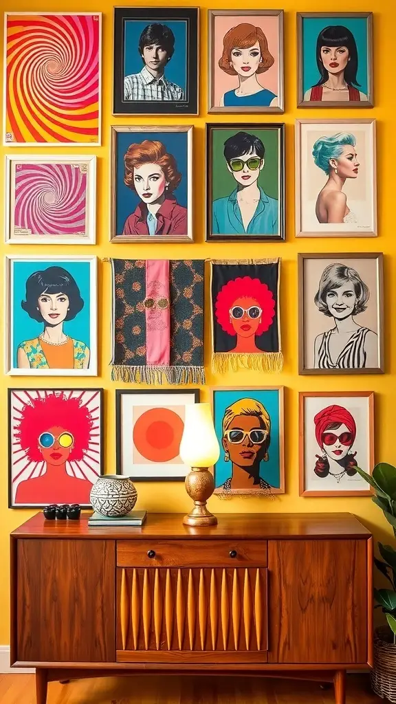 A collection of eclectic wall hangings featuring vintage art, illustrations, and a tapestry.