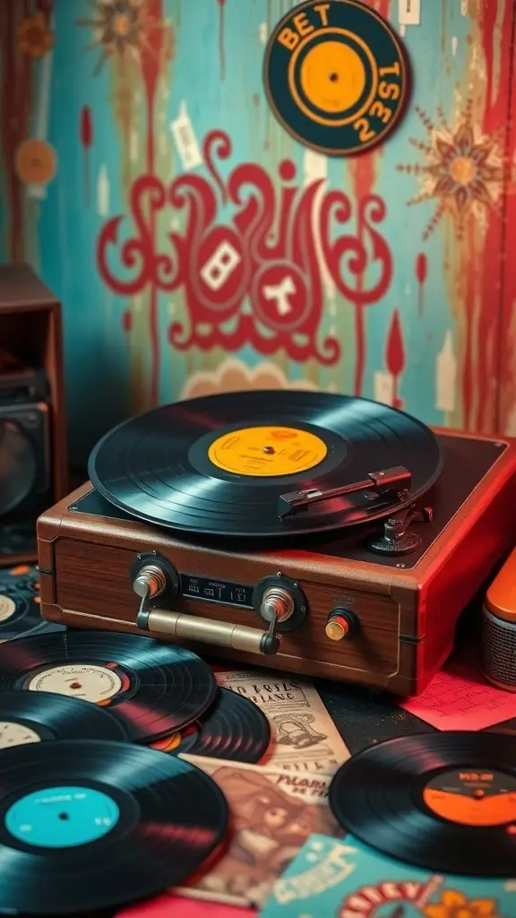 A vintage record player with vinyl records scattered around, set against a colorful background.