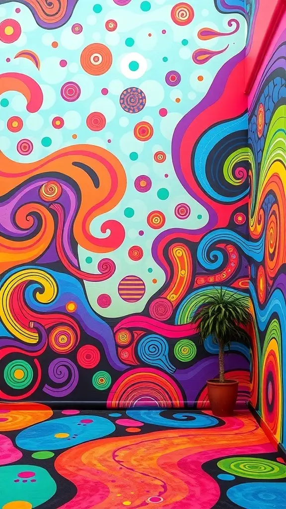 Colorful psychedelic wall art with swirling patterns and vibrant colors