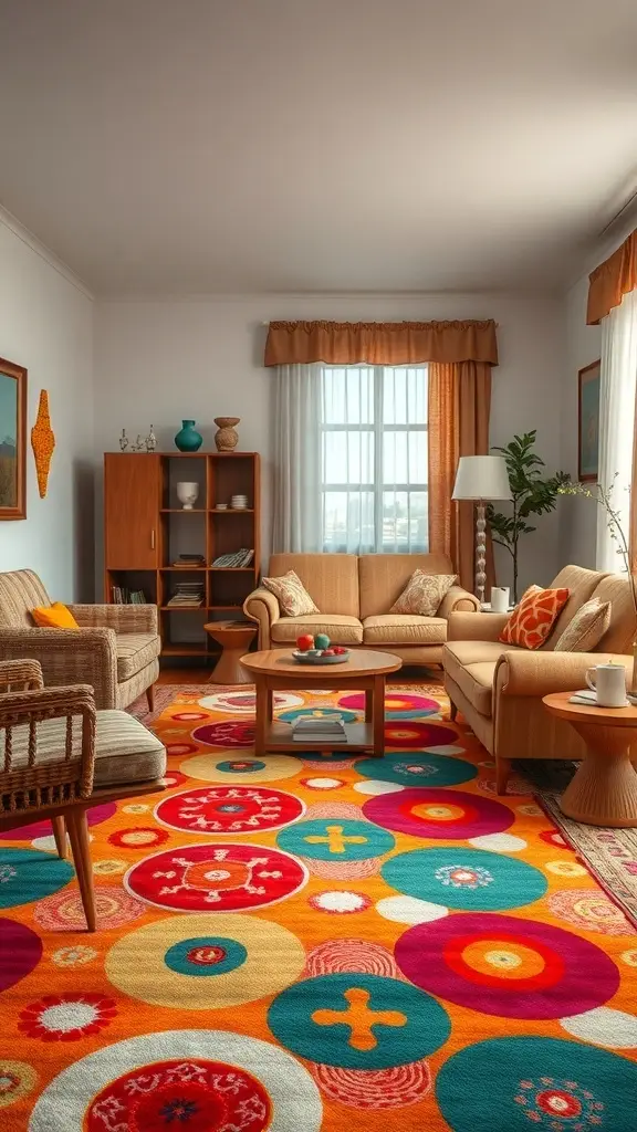 A vibrant living room featuring a colorful rug with circles and patterns, surrounded by cozy furniture.