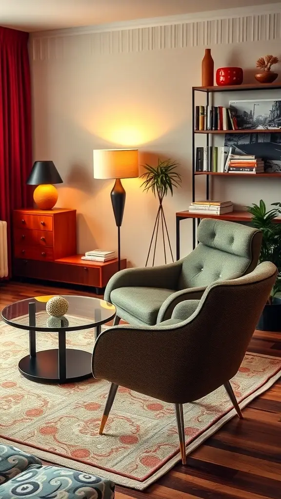 A stylish living room featuring a green armchair, round glass coffee table, and a bookshelf filled with books and decor.