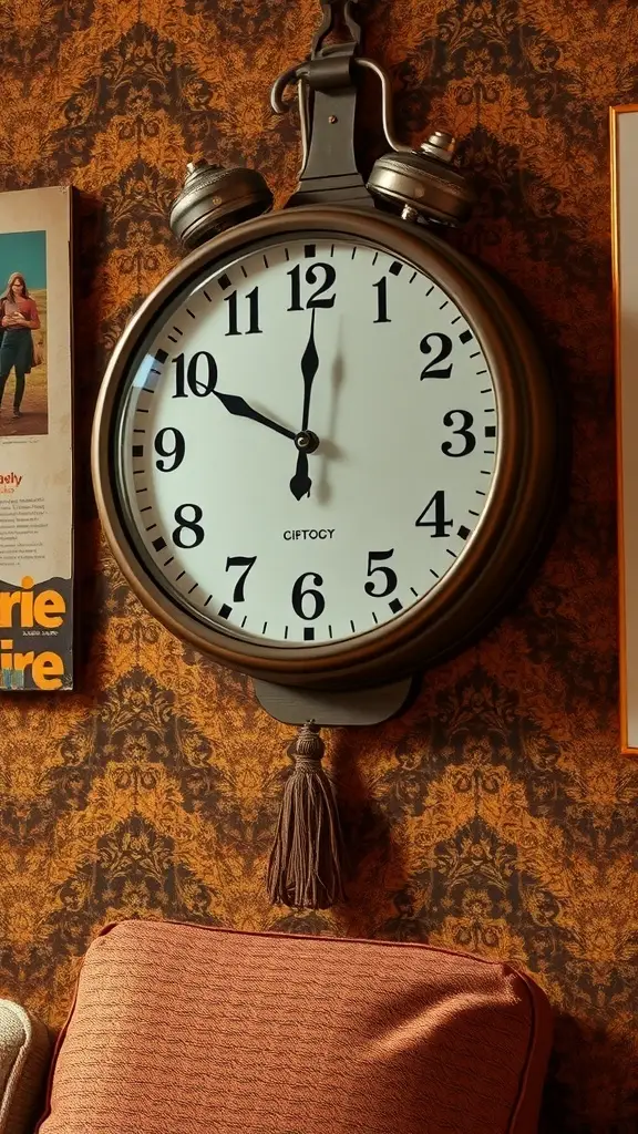 A large retro wall clock with a classic design, hanging on a patterned wall, next to a cozy couch.