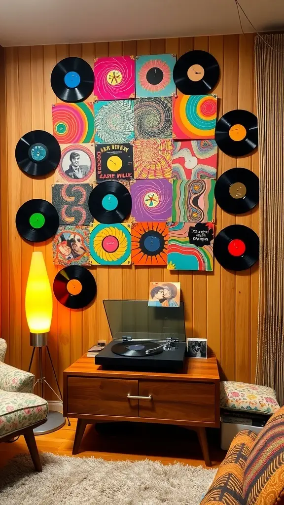 A wall decorated with various vinyl records showcasing different colors and labels.