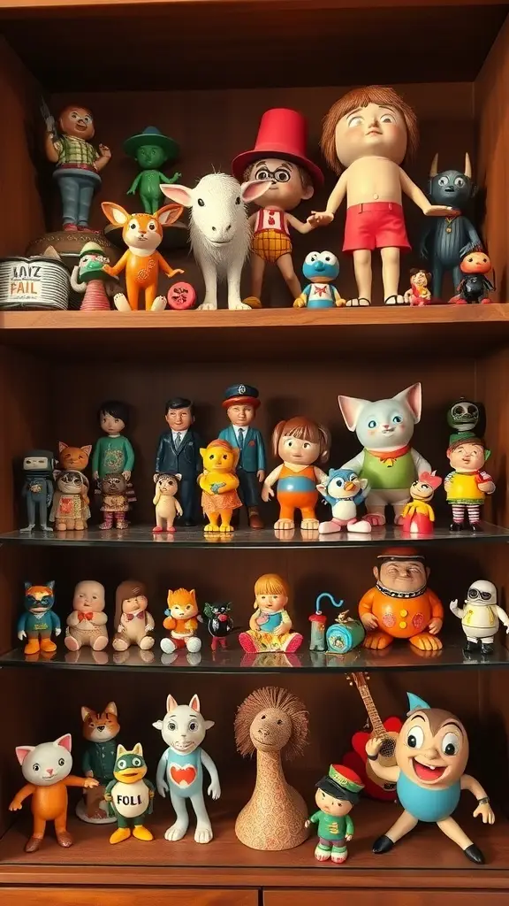 A collection of colorful whimsical figurines displayed on shelves, featuring various characters and animals from the sixties.
