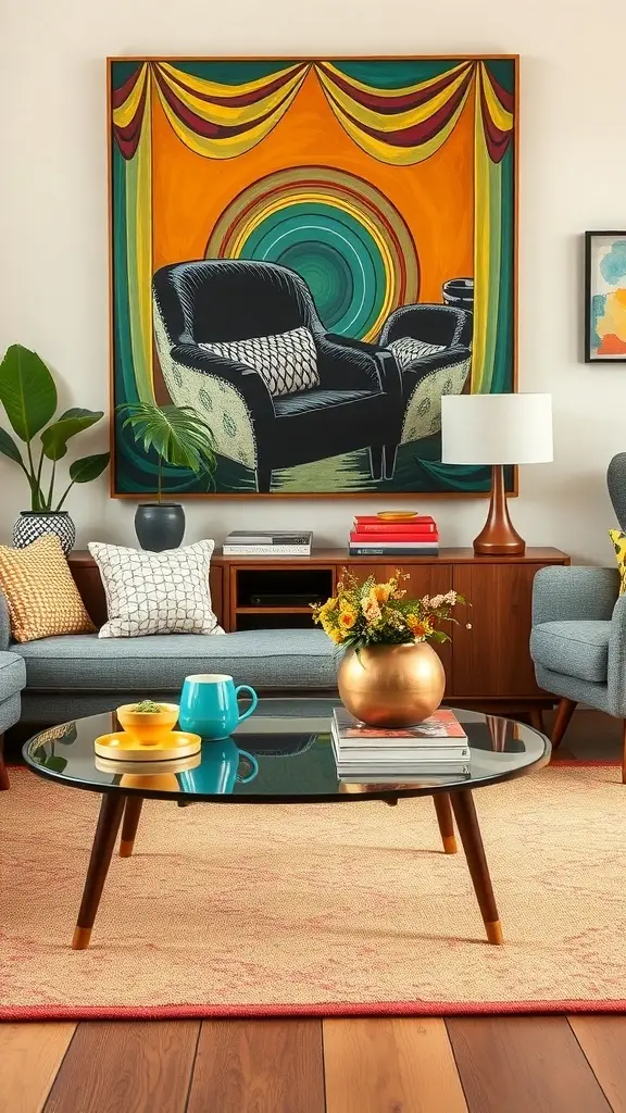 A cozy living room featuring mid-century modern decor with a large colorful painting, black chairs, and a round coffee table.