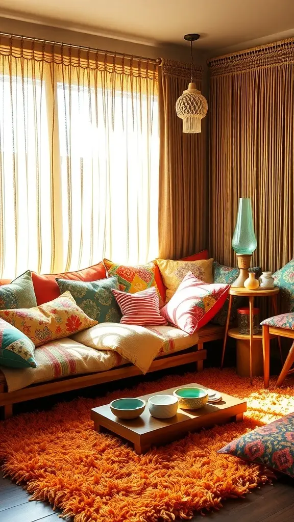 A cozy couch with colorful bohemian throw pillows and a small wooden table.