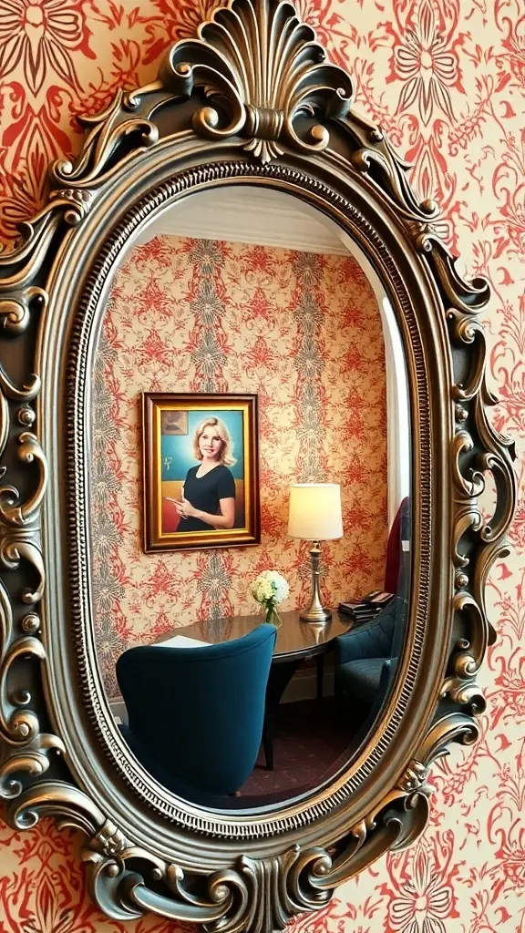 A vintage ornate mirror reflecting a cozy room with floral wallpaper and stylish furniture.