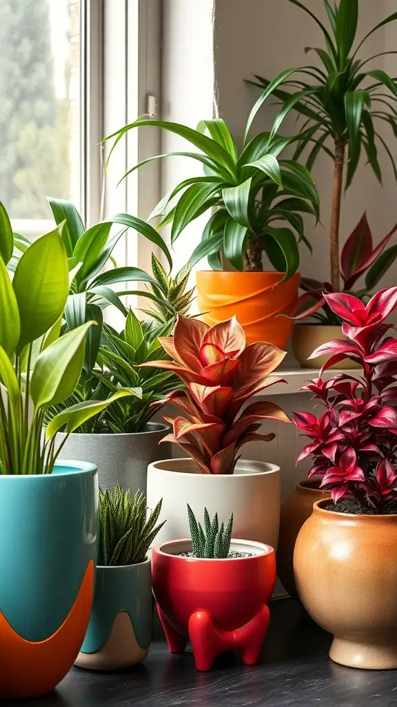 A collection of colorful planters with various plants, showcasing a vibrant and lively decor style.