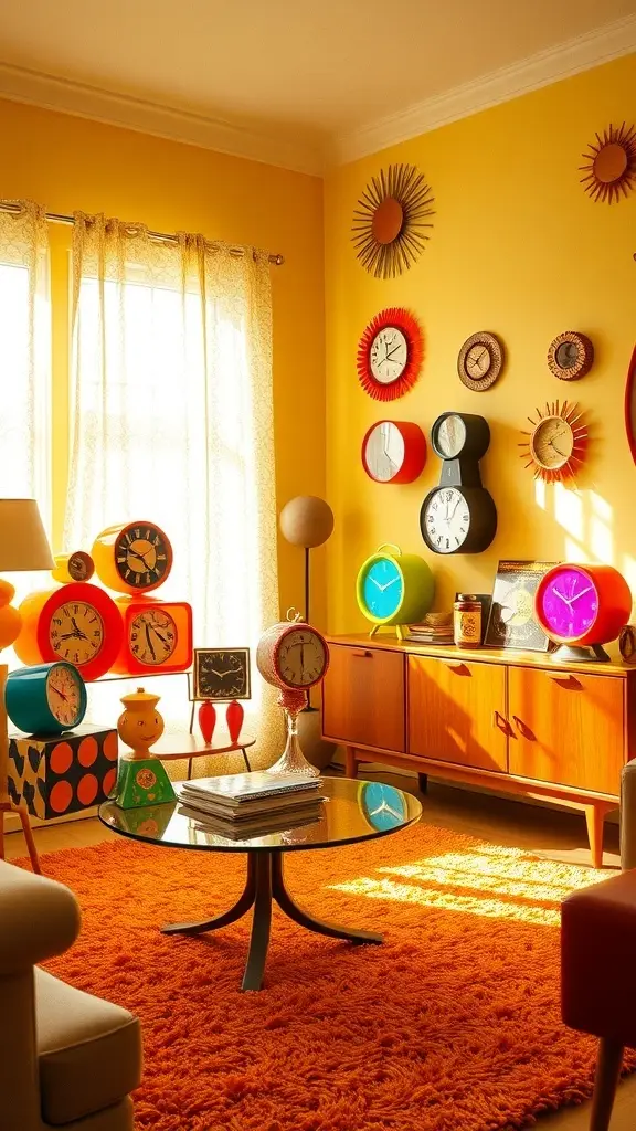 A collection of vintage clocks in various styles and colors, showcasing unique designs from the sixties.