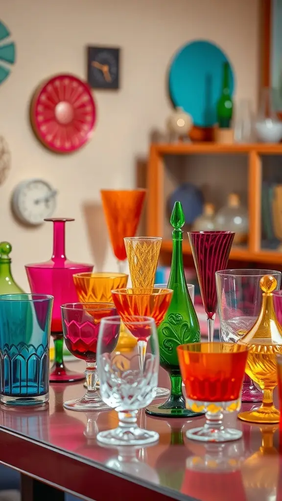 Colorful glassware collection featuring various shapes and colors on a table.
