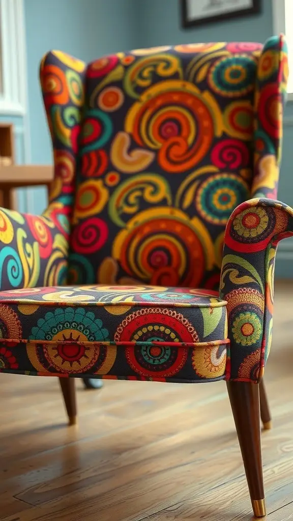 A colorful upholstered chair with swirls and patterns, showcasing funky 1960s style.