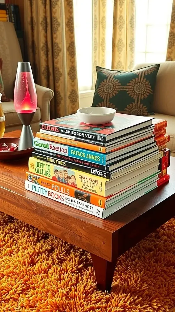 A stack of unique coffee table books with colorful covers, showcasing titles from the sixties.