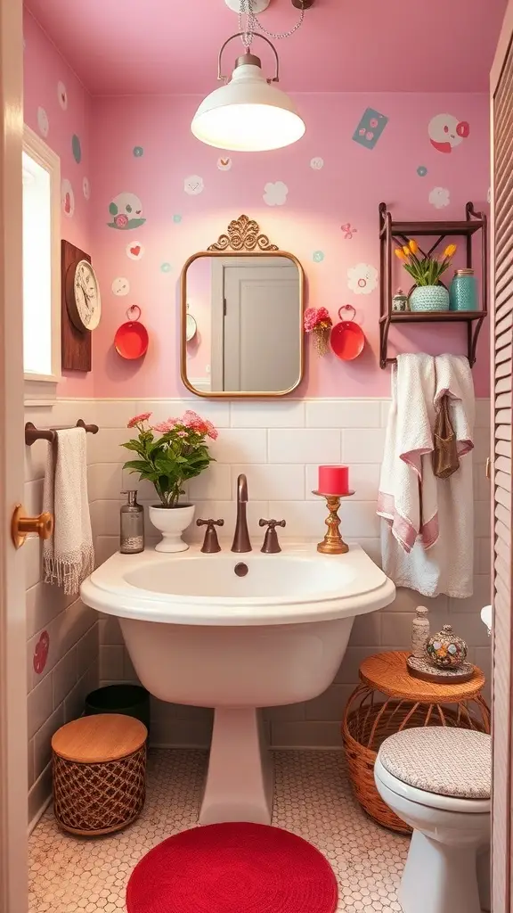A playful bathroom decorated with vintage items, featuring colorful accessories, a cheerful plant, and a cozy atmosphere.