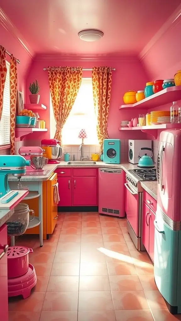 A colorful retro kitchen with mint green fridge, pink stove, orange microwave, and playful decor.
