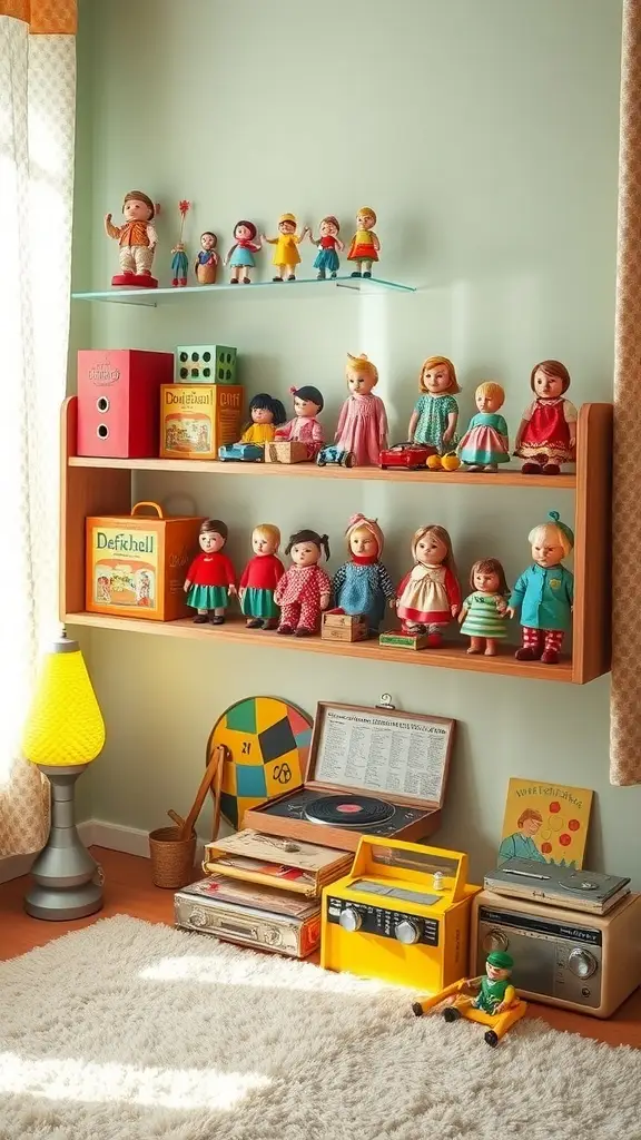 A collection of vintage children's toys displayed on shelves, featuring various colorful characters and playful designs.
