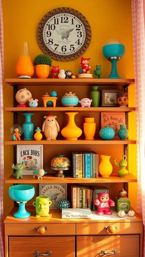 A collection of vintage knick-knacks including clocks, a teapot, and ceramic figurines on a shelf.