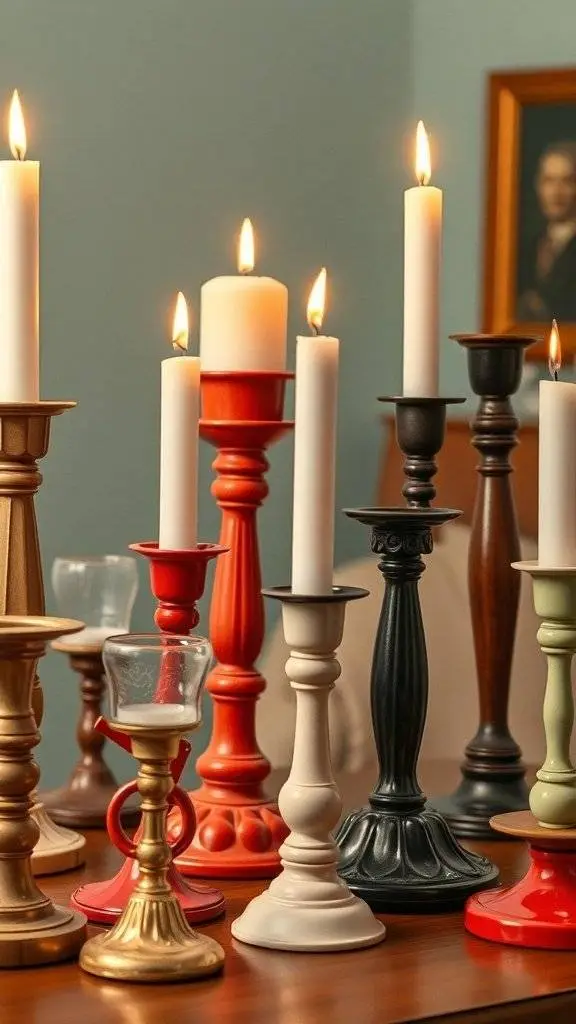 A collection of unique candle holders in various colors and styles, with candles lit on a wooden table.
