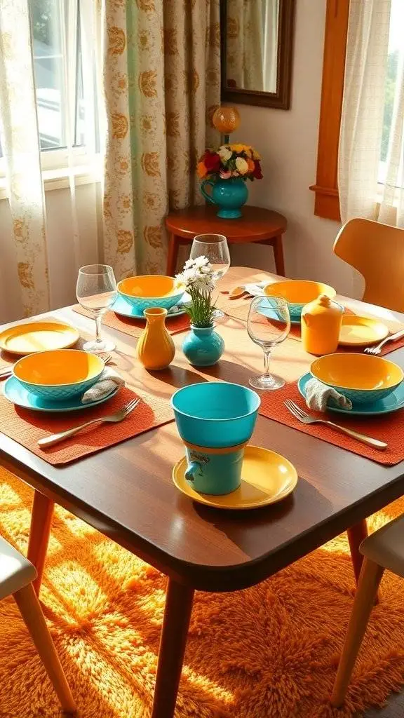 A colorful table setting featuring thrifted decor with vibrant plates, utensils, and a unique vase.