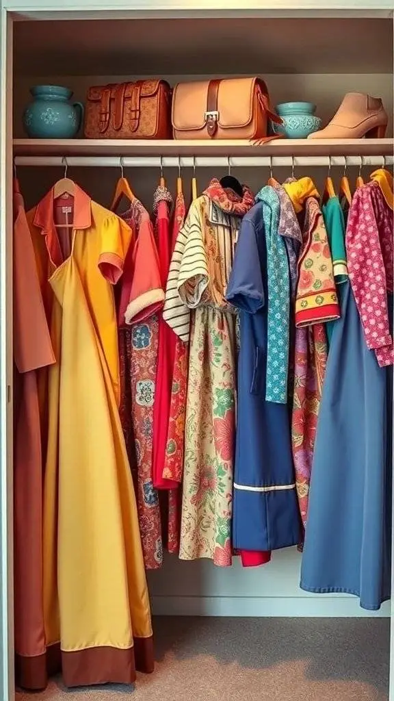 A closet filled with colorful vintage dresses and accessories from the sixties.