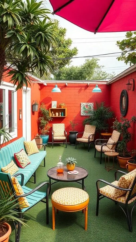 A vibrant outdoor seating area with a striped sofa, patterned chairs, and colorful decor.