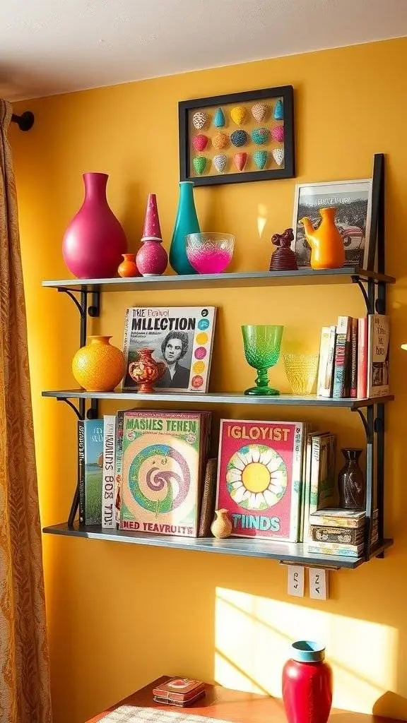 Chic wall shelves displaying a mix of books, framed photos, and decorative items