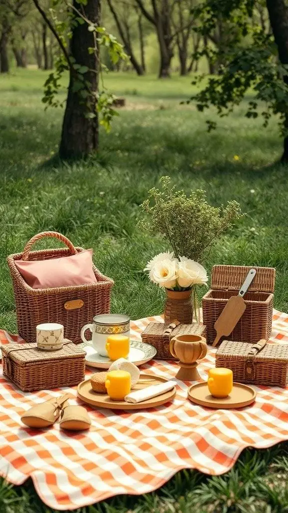 A retro picnic setup with wicker baskets, checkered blanket, and colorful plates in a sunny park.