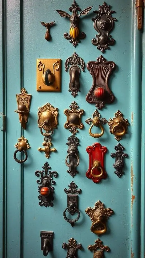 A colorful collection of unique door knockers on a blue door, showcasing various designs and styles.