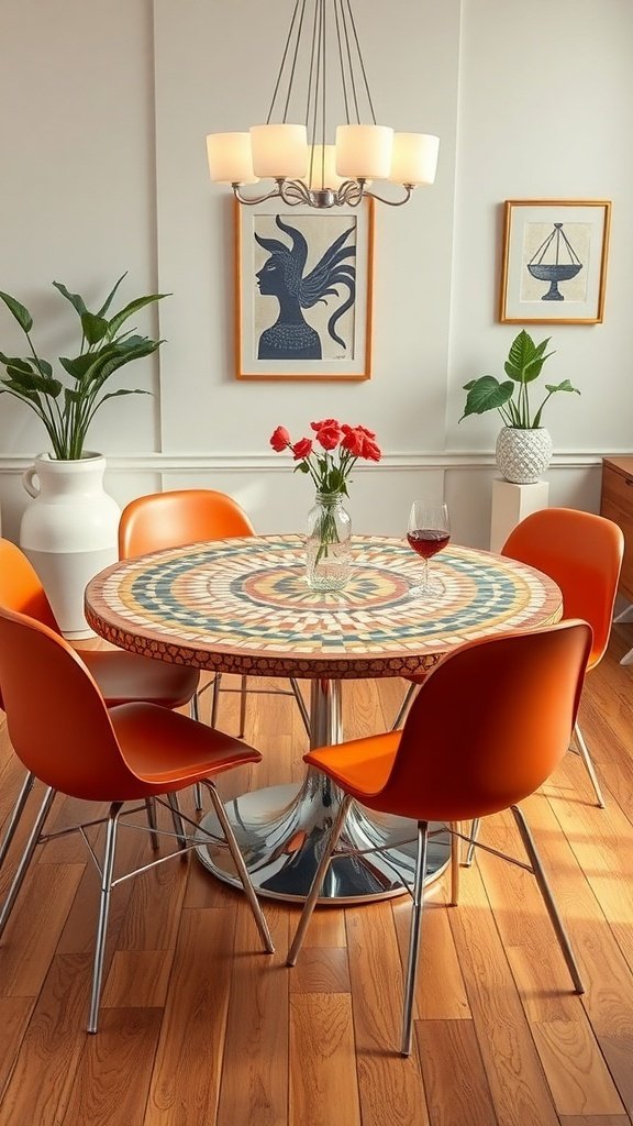 A modern dining area featuring a colorful mosaic tabletop, orange chairs, and a stylish chandelier.