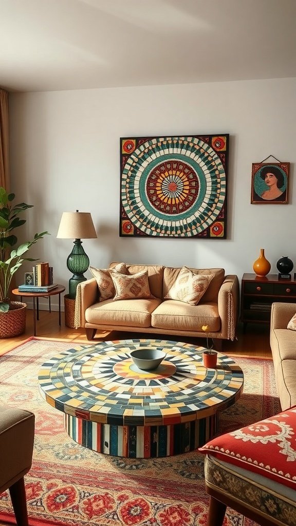 A cozy living room featuring a colorful mosaic coffee table, vibrant wall art, and warm-toned furniture.