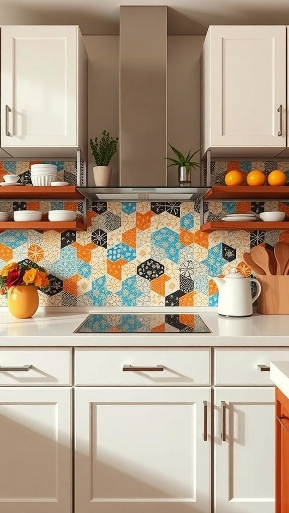Colorful mosaic backsplash in a modern kitchen with white cabinets and a stainless steel stove.